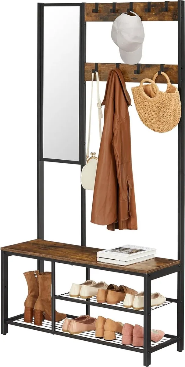MAZAZU MIRA Home - Kledingrek met spiegel - Kapstok staand met 9 haken - Vintage - 36x98x185 cm
