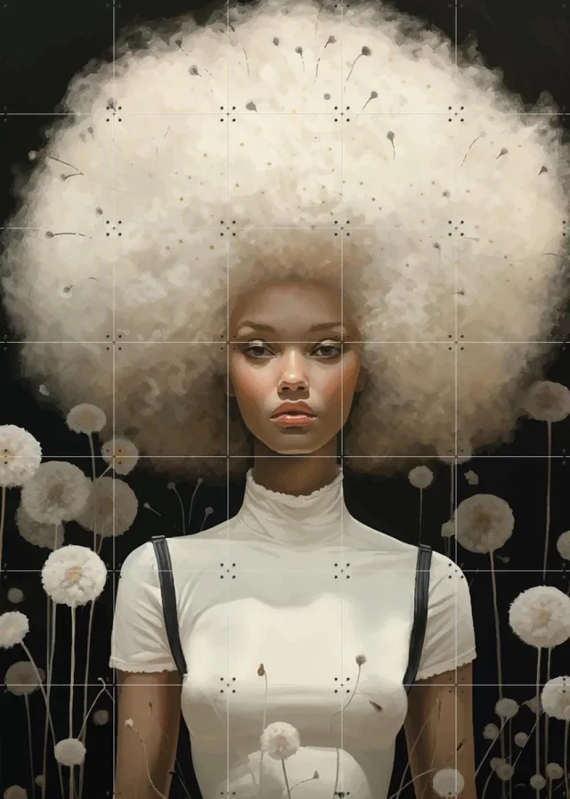 IXXI Dandelion, Mirjam Duizendstra - 100 x 140 cm - Grote wanddecoratie en posters - Art Nouveau, Digitale Kunst, Speels, Surrealisme, Illustraties Wit / Beige / Zwart / Zwart en wit