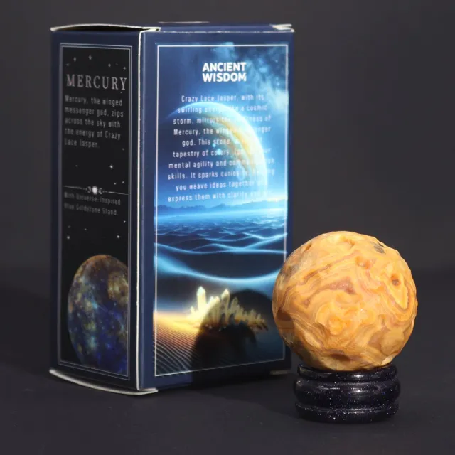Ancient Wisdom Crazy Lace Jasper Planet op een Sola Goldstone standaard - 40 mm (30x15 mm standaard) oranjegeel