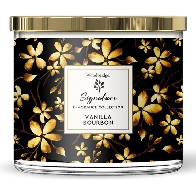 Woodbridge Luxe Geurkaars Met 3 lonten VANILLA BOURBON - amandel roos vanille tonkaboon zwart/goud