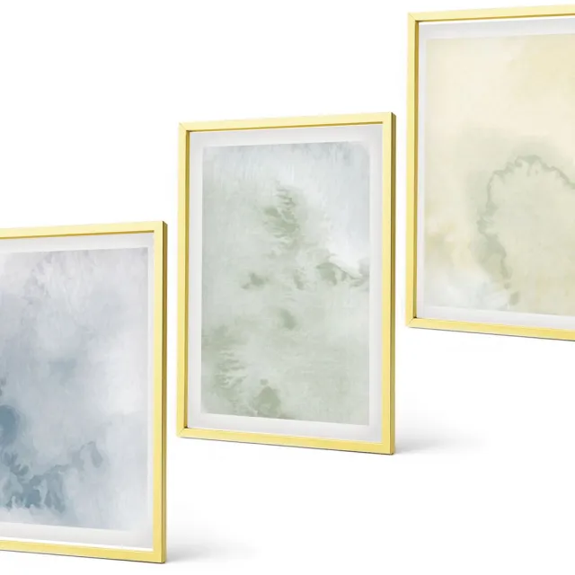 Coloray 3-Delige Schilderij Set - Pastelkleurige Aquarelverf Op Canvastextuur - 40 x 40 cm En 40 x 60 cm - Muurdecoratie - Wanddecoratie - Hal Gouden lijst