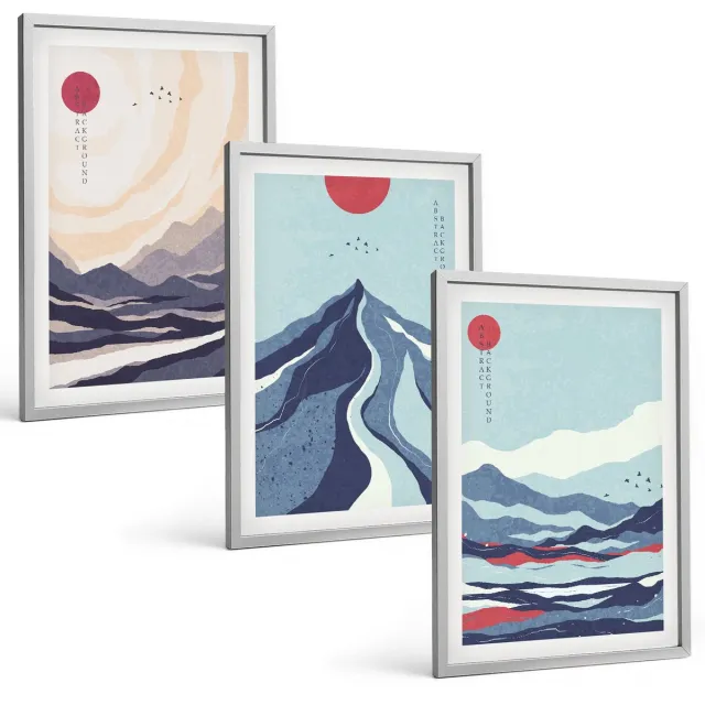 Coloray 3-Delige Schilderij Set - Abstracte Berglandschappen In Japanse Stijl - 40 x 60 cm - Moderne Wanddecoratie - Woonkamer - Woonkamer Decoratie Zilveren lijst