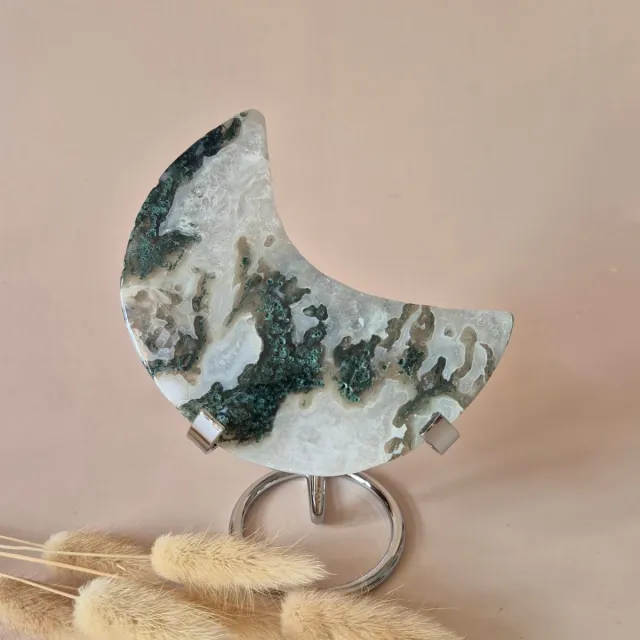 Moonlight Gemstones XL Edelsteen Mosagaat Maan op Standaard (Druzy & Patronen) #168 - 240g