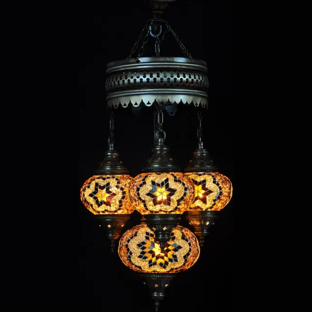 Halay 4 globe Mozaïek glas bruin - Turkse hanglamp - Oosterse kroonluchter - Sfeerverlichting Online - Turkse Lampen Online