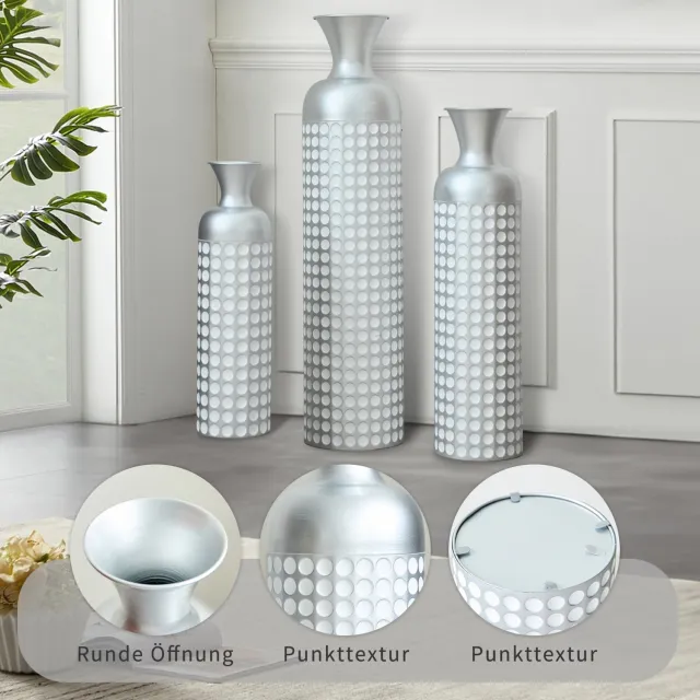MEUNIQ Vloervazen set van 3 – metalen vazen van 49,5, 66 en 84 cm – zilver met stipmotief – voor droogbloemen en pampasgras in woonkamer of hal