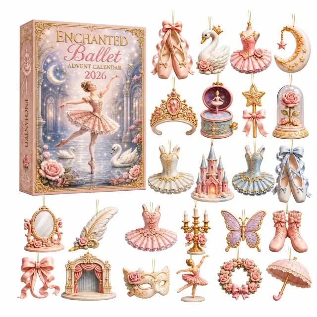 SWGOTA Adventskalender 2026 met 24 hangdecoraties - Ballet- en muziekdoosmotieven - Verpakking 26 x 18 x 3 cm Roze