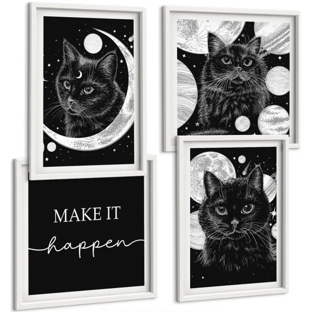 Coloray 4-Delige Schilderij Set - Zwarte Katten Tegen De Achtergrond Van De Maan En Planeten In De Ruimte. - 40 x 40 En 40 x 60 - Schilderijen Set - Wanddecoratie - Woonkamer - Woonkamer Decoratie Witte lijst
