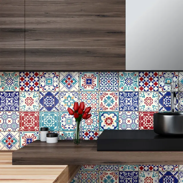 Ambiance Sticker Zelfklevende tegelmuurstickers voor keuken en badkamer - 24 cementtegelstickers, Azulejos Lucilio - 24 stickers, 15x15cm Multi color