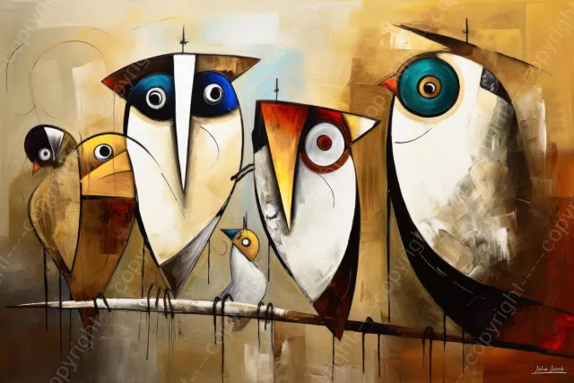 John Joseb Art (Aluminium) 120x80 | Uilen op een tak, abstract surrealisme, Joan Miro stijl, humor, kunst | dier, boom, vogel, uil, rood, bruin, blauw, modern | foto-schilderij op dibond, metaal wanddecoratie Aluminium, dikte 3 mm