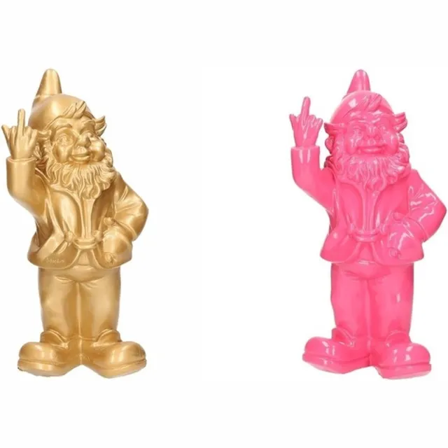 Stoobz Design Tuinkabouters 2x - goud roze - polystone - 30 cm middelvinger - speels - opvallend - buitenbestendig Multi
