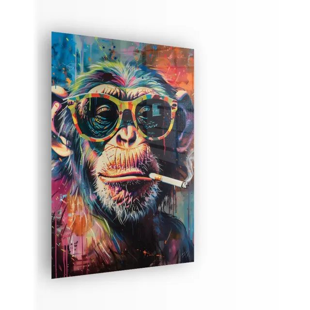 Indoorart Glasschilderij Streetart Monkey 60x90 CM - Afbeelding op plexiglas - Inclusief montagemateriaal blauw, rood, zwart, bruin