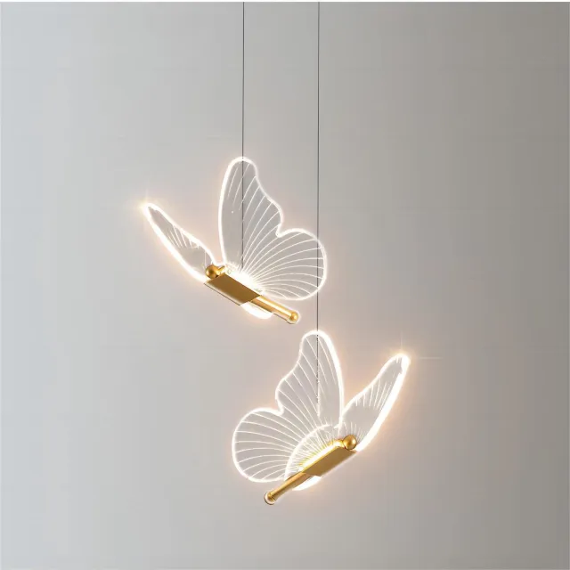 Flintry Gouden hanglamp met 2 vlinders – LED-hanglamp van acryl voor slaapkamer, woonkamer en kookeiland (goud, vlinder)