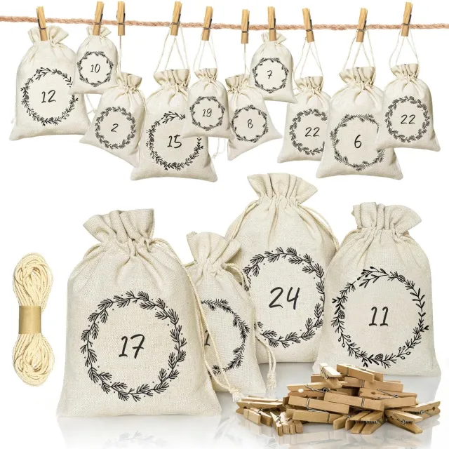 Famanu Vulbare adventskalender met 24 zakjes, jute touw en houten knijpers