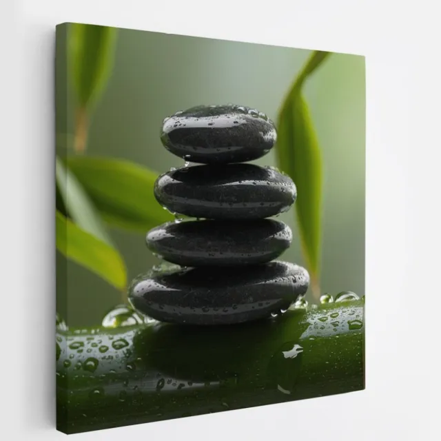 Saammp Canvas Schilderij - Stenen op Bamboe - Landschap - Natuur - 60x60 - Foto op canvas - Wanddecoratie - Muurdecoratie Woonkamer - Slaapkamer decoratie - Canvas Print Multicolor
