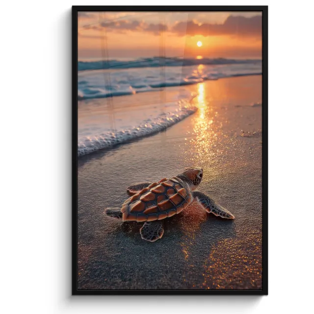 FrameYourWall Poster in lijst - Fotolijst 80x120 cm - Posters - Schildpad - strand - Zonsondergang - Posterlijst zwart - Decoratie - Wanddecoratie woonkamer - Muurdecoratie slaapkamer