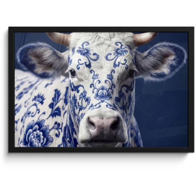 FrameYourWall Poster in lijst - Fotolijst 60x40 cm - Posters - Koe - Delfts - Blauw - Artistiek - Posterlijst zwart - Decoratie - Wanddecoratie woonkamer - Muurdecoratie slaapkamer