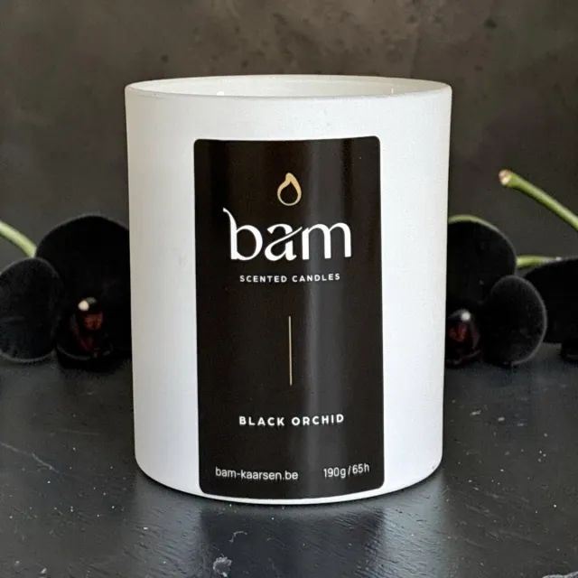 Bam Zwarte Orchidee Geurkaars – Black Orchid Kaars met Houten Wiek – Vegan Geurkaars van Zonnebloemwas – 60 Branduren – Handgemaakt in België wit