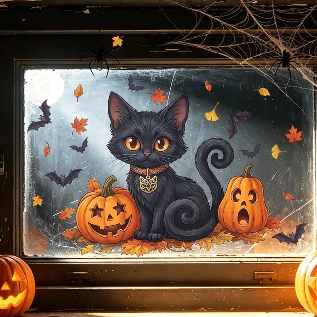 Huttutu Halloween Decoratie - Raamfolie - 30x30 cm - Zwarte Kat, Vleermuis, Esdoornblad en Pompoen - Statische Clingar - 2 stuks Meerkleurig