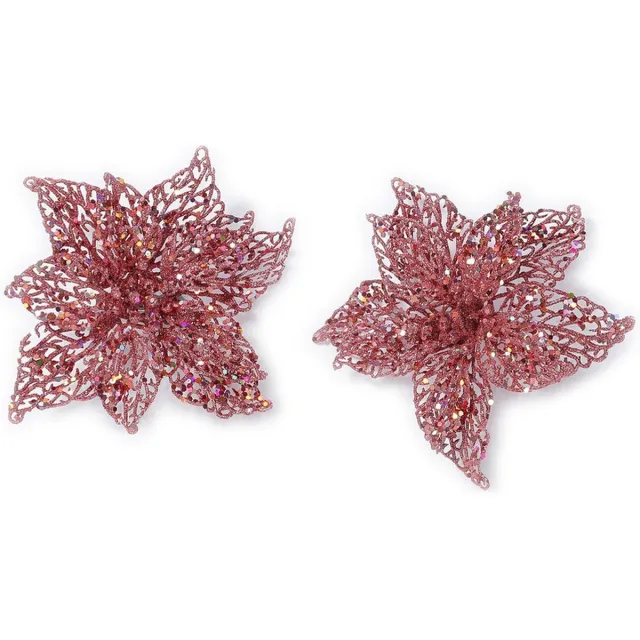 Inge Glas Inge-glas Kersthangers - 6x bloemen roze glitter - clip bevestiging - 18 cm - kunststof decoratie