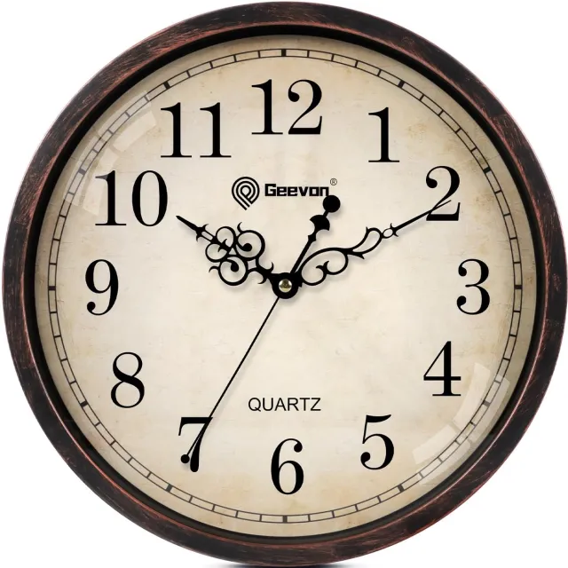 Geevon Retro Wandklok, Stille Ronde Vintage Decoratieve Wandklok met Batterijen, Zonder Tik, voor Keuken, Kantoor, Klaslokaal, Slaapkamer, Woonkamer (14 Inch) Bruin