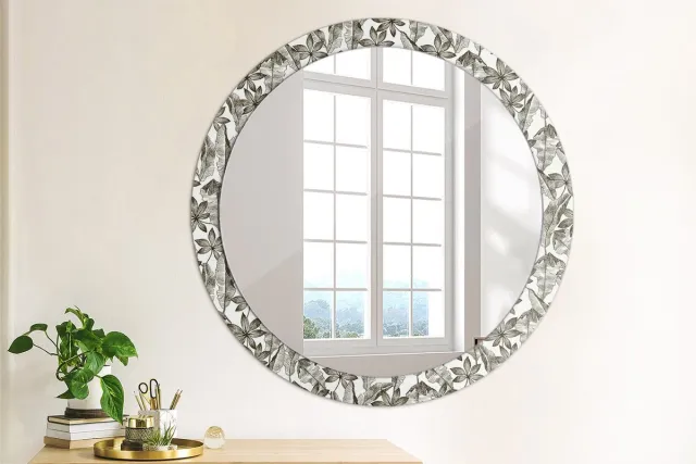 Coloray Bedrukte Spiegel - Tropische bladeren Spiegel Met Decoratie - 90 cm - Zwart en wit Bedrukte Spiegel - Spiegel Met Decoratie - Spiegel Lijst Met Print - Spiegel Met Print Zwart en wit Tropische bladeren