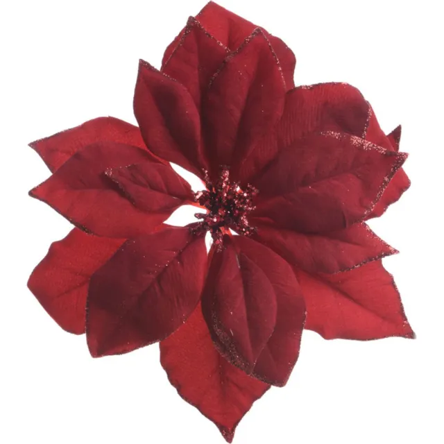 Decoris 4x stuks decoratie bloemen kerstster rood glitter op clip 24 cm - Decoratiebloemen/kerstboomversiering/kerstversiering