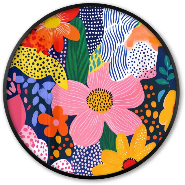 FrameYourWall Poster in lijst Rond - Fotolijst 60x60 cm - Posters - Kleurrijk - Bloemen - Abstract - Stippen - Ronde posterlijst zwart - Decoratie - Wanddecoratie woonkamer - Muurdecoratie slaapkamer Schilderij - Abstract - Bloemen