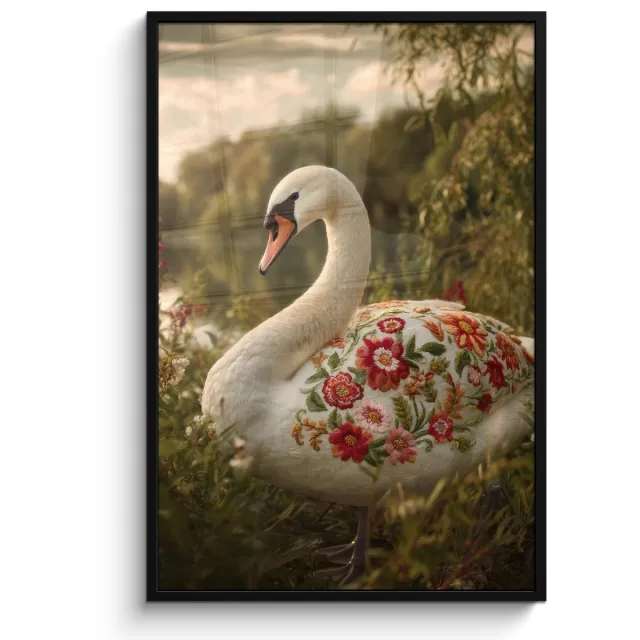 FrameYourWall Poster in lijst - Fotolijst 80x120 cm - Posters - Zwaan - Bloemen - Natuur - Posterlijst zwart - Decoratie - Wanddecoratie woonkamer - Muurdecoratie slaapkamer