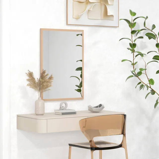 MEUNIQ rechthoekige wandspiegel 50 x 70 cm met naturel MDF-lijst en 4 ophanghaken, decoratieve spiegel voor slaapkamer, hal en badkamer Naturel houtkleur