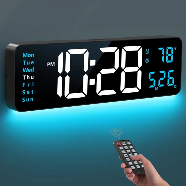 QTTVBTNA LED Digitale Klok – Groot Display 16 Inch – Temperatuur, Datum & Automatische Helderheidsaanpassing – Moderne Wandklok voor Thuis of Kantoor Meerkleurig