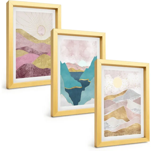 TULUP 4-Delige Schilderij Set - Abstracte landschappen met bergen en zon - 20 x 30 cm - Stijlvolle Wanddecoratie - Interieur - Moderne Wanddecoratie Gouden lijst