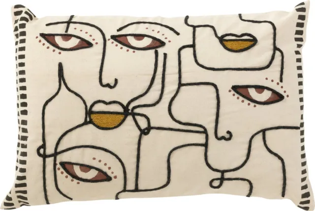 J-Line kussen Gezichten - katoen - creme/bruin/zwart Beige