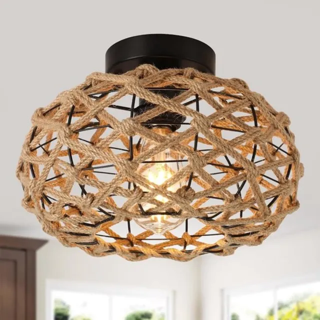 Mrilary Rieten plafondlamp - Diameter 30 cm - Gevlochten half ingebouwde plafondlamp - Kust Bohemian rieten lamp - Geschikt voor boerderij, slaapkamer, hal, entree en keuken - Zonder lampen Lichtgeel