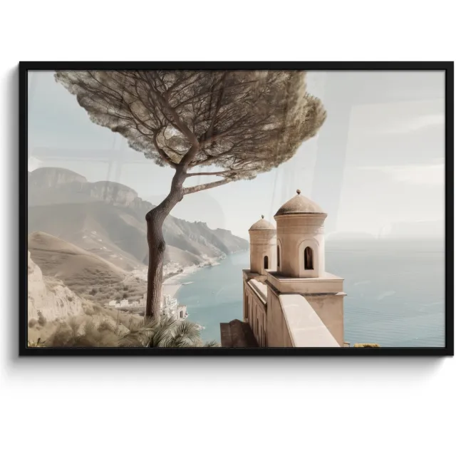 FrameYourWall Poster in lijst - Fotolijst 120x80 cm - Posters - Kust - Klif - Boom - Gebouw - Posterlijst zwart - Decoratie - Wanddecoratie woonkamer - Muurdecoratie slaapkamer Kust - Boom - Gebouw