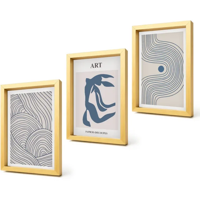 Coloray 4-Delige Schilderij Set - Abstracte patronen van lijnen en vormen in blauwe tinten - 20 x 30 cm - Muurdecoratie - Interieur Decoratie Gouden lijst