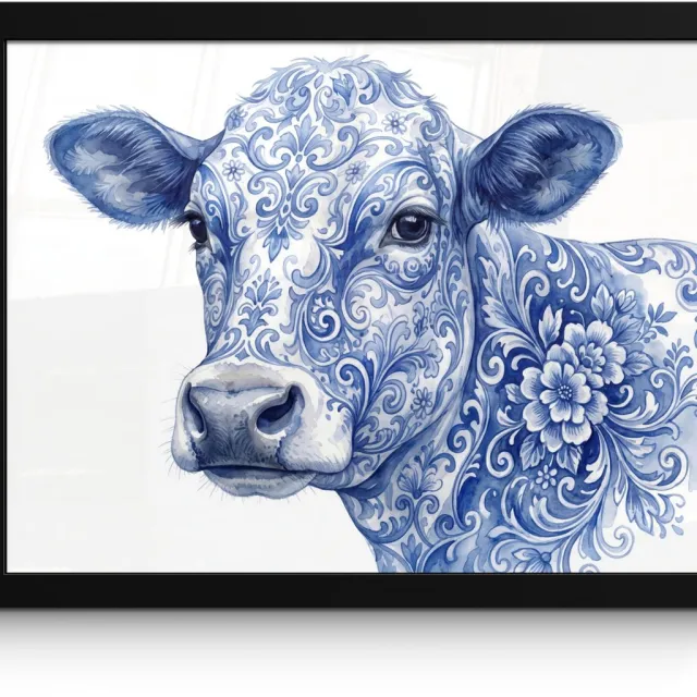 FrameYourWall Poster in lijst - Fotolijst 40x30 cm - Posters - Illustratie - Koe - Blauw - Posterlijst zwart - Decoratie - Wanddecoratie woonkamer - Muurdecoratie slaapkamer