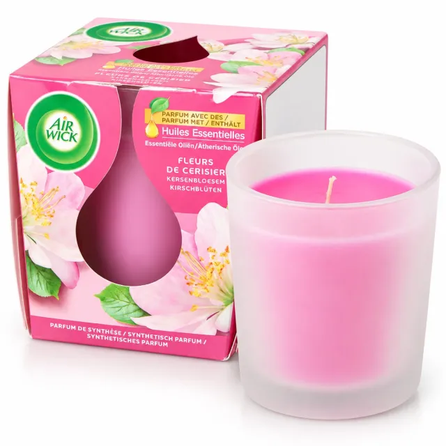 Airwick Air Wick Essential Oils Geurkaars Kersenbloesem 105 g | Cherry Blossom | Geurkaars in Glas | Bloemige Geur | Geurkaars Woonkamer & Slaapkamer | Kersenbloesem Geur Roze