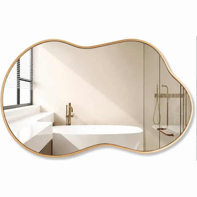ITRONIQ Asymmetrische Wandspiegel 116x66 CM - Design Spiegel Met Golvend Metaal Frame - HD Glas - Modern Wandmontage - Goud