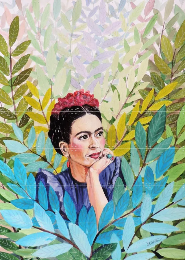 IXXI Frida in Lush Leaves, Sylvie Demers & Various - 100 x 140 cm - Grote wanddecoratie en posters - Speels, Aquarel, Modern, Kleurrijk, Schilderijen Groen / Blauw