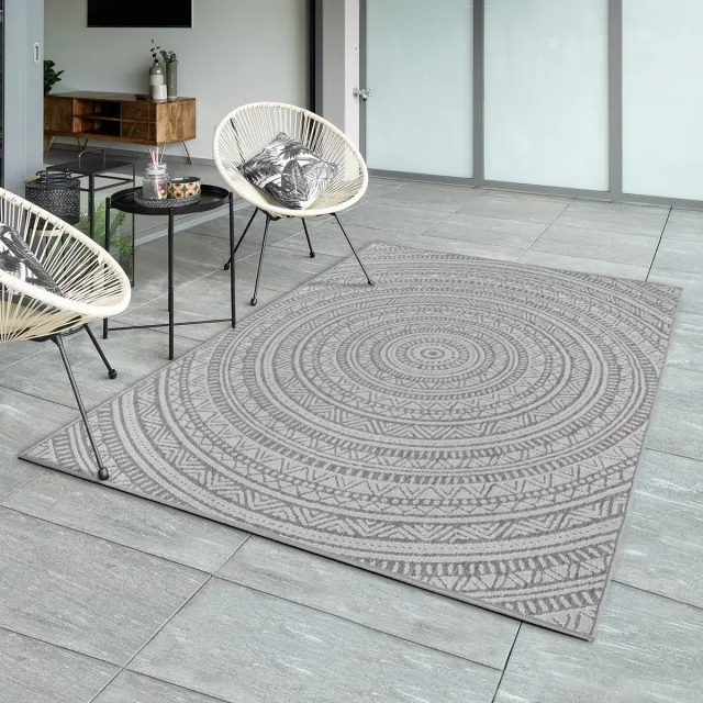 the carpet Mistra – robuust buitentapijt, weerbestendig & modern, voor balkon, terras of keuken, antraciet met etnisch rond patroon, 80 x 150 cm
