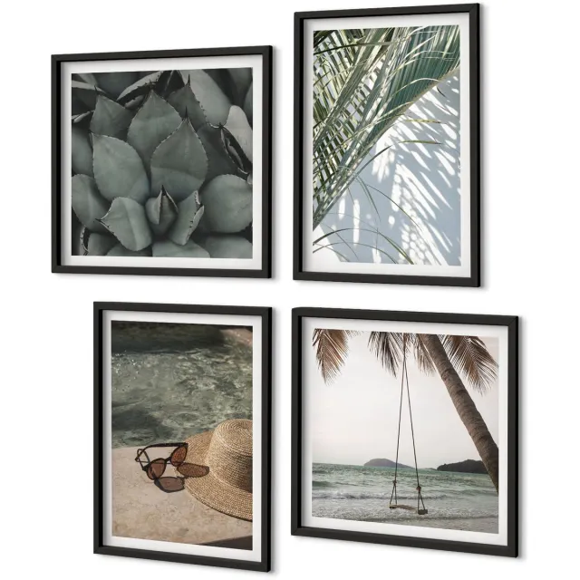 Coloray 4-Delige Schilderij Set - Tropische Planten En Zomerse Decoraties - 40 x 40 cm En 40 x 60 cm - Decoratieve Schilderijen - Wanddecoratie - Hal - Moderne Wanddecoratie Zwarte lijst