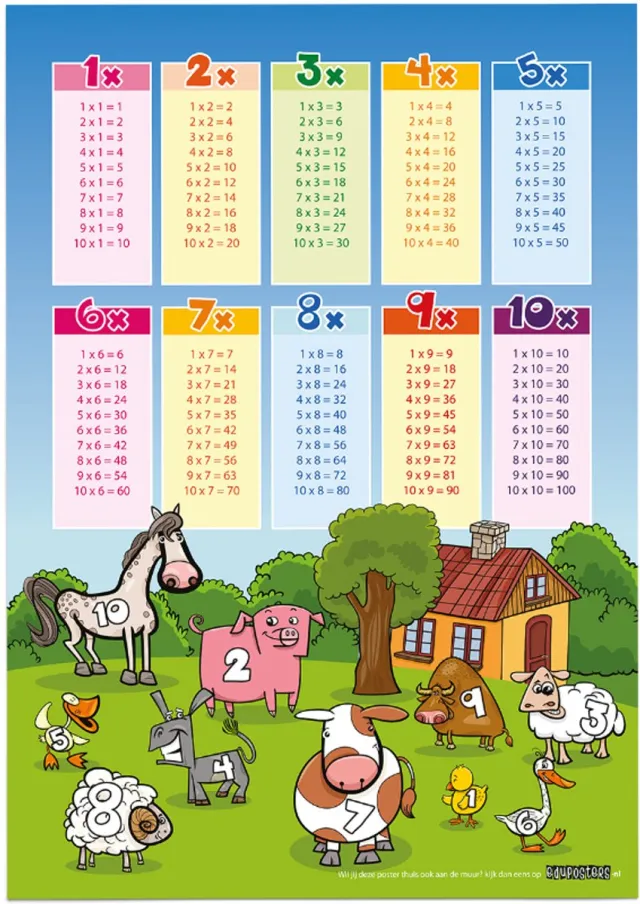 eduposters Educatieve poster (Posterpapier) - Rekenen tafels boerderij - 42 x 59.4 cm (A2) Beige