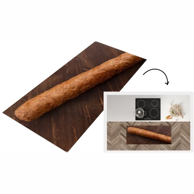 KitchenYeah Keukenloper - Loper keuken - Een heerlijke frikandel op een houten achtergrond - Keukenloper vinyl Multicolor