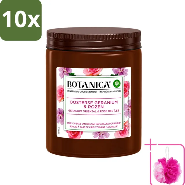 Air Wick 10 x Botanica by Air Wick - Geurkaars - Geranium & Rozen - 40 Uur Brandduur - Bulkverpakking - Geurkaars - Douchemop - Geranium en rozen Wit