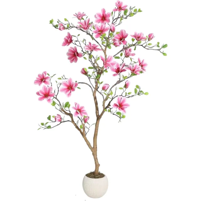 Happiq Kunstmatige magnoliaboom - Voor thuis of kantoor - Realistische zijden bladeren, zachtroze bloesems, onderhoudsvrij - Kunstplant - Roze-150cm