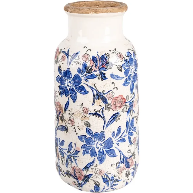 Clayre & Eef Vaas Ø 15x32 cm Beige Blauw Keramiek Bloemen