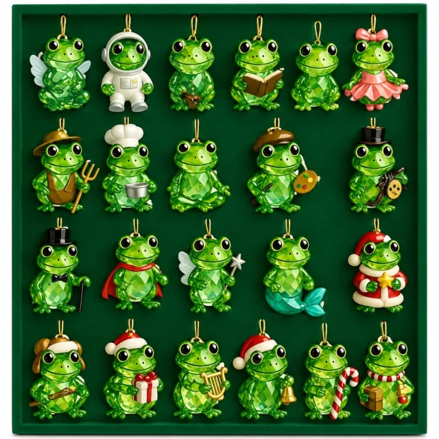 SWGOTA Adventskalender met kikkers, 24 genummerde vakjes, platte hangdecoraties met diverse figuren en kerstmotieven, in kartonnen doos Groen