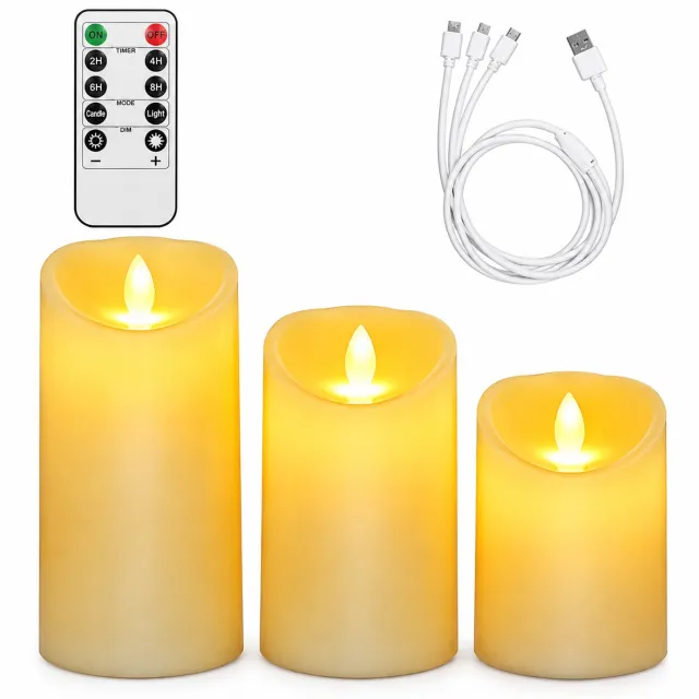 SWGOTA led kaarsen, set van 3, oplaadbaar met afstandsbediening en USB-laadkabel, schuine bovenrand en vlamvorm voor bruiloften en kerstdecoratie Wit