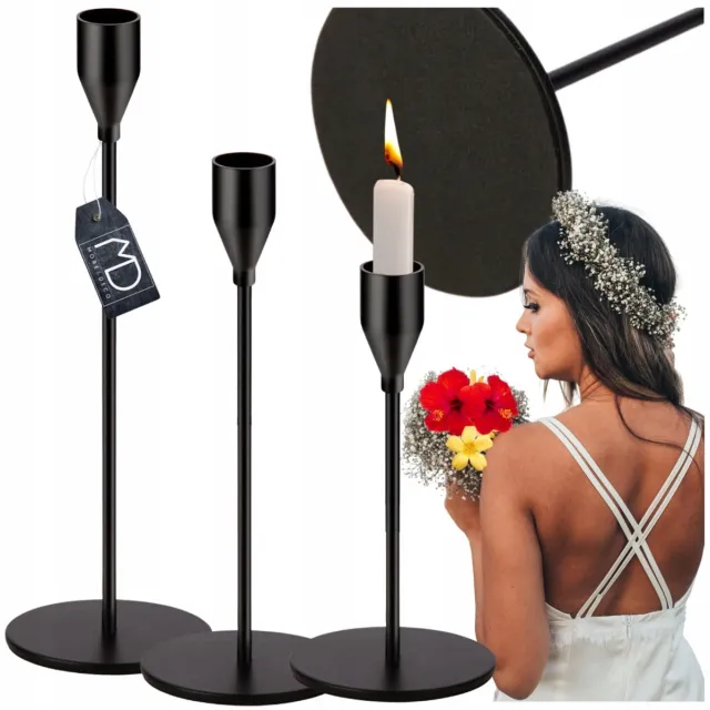 More&Deco Set van 3 zwarte matte metalen kaarsenstandaards, modern design
