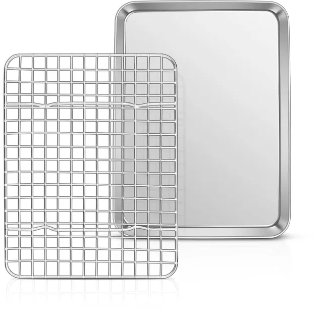 Famanu Rechthoekige bakplaat met koelrooster voor het bakken, gemaakt van roestvrij staal, 1 stuk, afmetingen van 26,3 x 20,5 x 2,5 cm, ideaal voor het bereiden van taarten en andere lekkernijen, vaatwasmachinebestendig Zwart